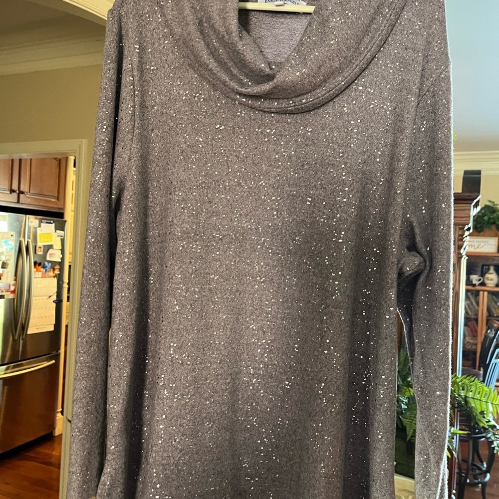 Shimmering Cowl Neck Sweater in lavender with silver flecks by Emily Daniel’s